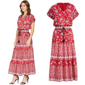 Lauren Ralph Lauren Red Boho Bandanna Print Maxi Dress Sz 6 Drawstring Waist